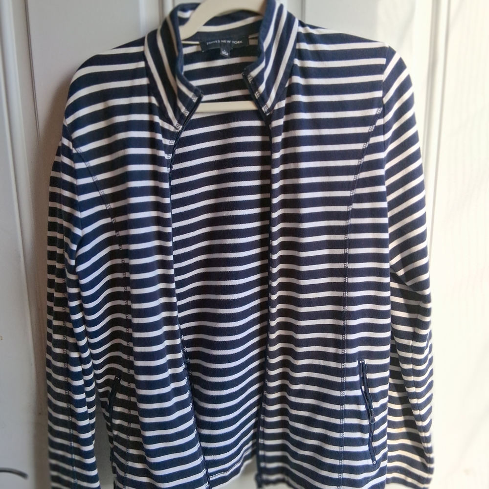 Jones New York Navy and White Striped Zip-Front Jacket